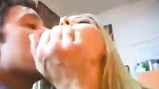 A blondie is having fun with two guys at once, showcasing her skills