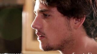 A sexy brunette makes a stunning blowjob right in the bedroom