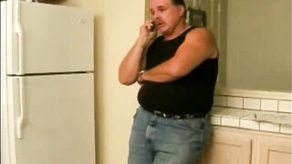 An old woman is jumping with joy while swallowing a young man’s cum
