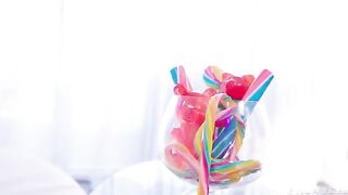 Vibrator and latex used for masturbation with shaved cunt