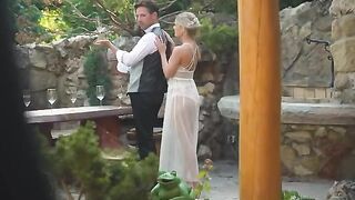Skinny blonde honeymoons get a double dose of cock in their pussy
