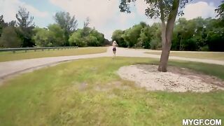 Cute girl is fucking with a guy in the park, it's fun