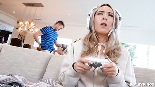 A hot nerd in glasses fucks her friend’s hard cock