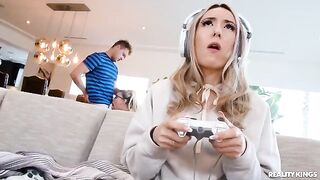 A hot nerd in glasses fucks her friend’s hard cock