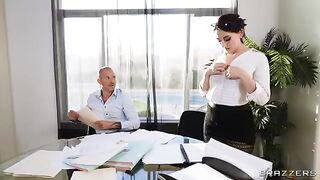 Hot brunette fucks with her boss at work and gets caught by coworker