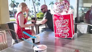Cuckold husband came home and his wife is getting fucked on V-Day