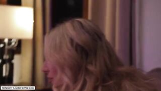 Busty blonde porn star Kayley Gunner gives foot job in stockings