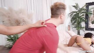 Two cute girls and a guy in a threesome sex