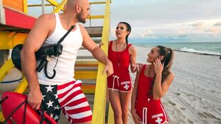 Two horny lifeguards fucked by a young girl in an FFM threesome