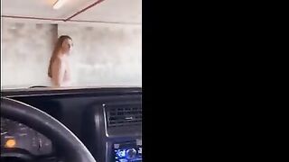 Redhead babe flashes and gets fucked in public garage, just like in the other videos