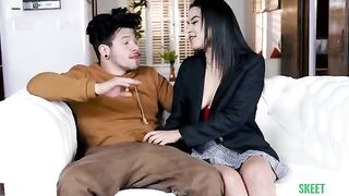 The girl next door has a big cock and sucks it with pleasure