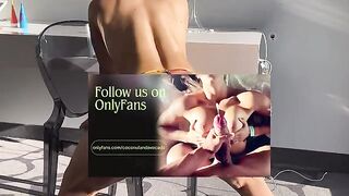 Girl checks the strength of glass while her boyfriend is filming, showcasing a steamy hotel room encounter