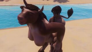 A hot cow girl in fur is fucking with a guy, it’s really wild