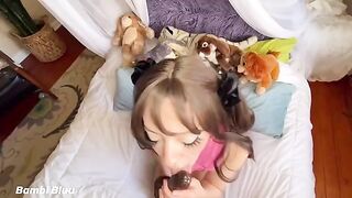 Skinny teen brunette Bambi Bluu begs for cock and facial with her dripping wet pussy