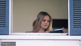 A gorgeous blonde, Amber Moore, is getting fucked by a man in uniform