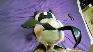 A bunny girl is sucking a long dick, almost to the balls
