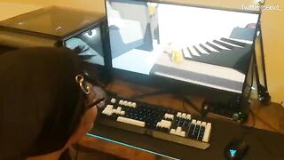 A cute girl made a bet with her boyfriend that she would play a video game while giving a blowjob