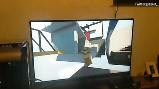 A cute girl made a bet with her boyfriend that she would play a video game while giving a blowjob