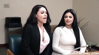 A girl is having fun with her girlfriend in the office, exploring new tricks