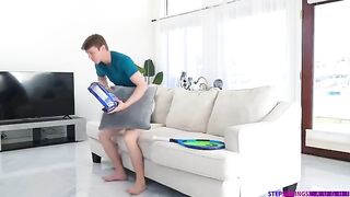 Tender sex with a beautiful brunette on the couch is amazing