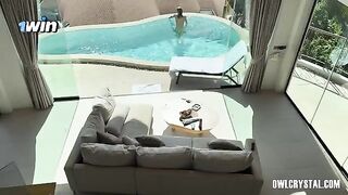 A girl is having fun with herself on her vacation, using a toy