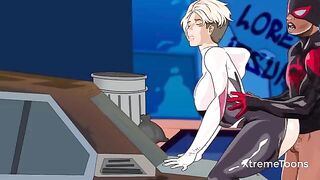 The Spiderman is having fun with Gwen Stacy in an animated way