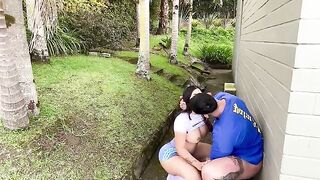 Tattooed beauty gets fucked hard in public spot