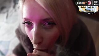 A prostitute has a steamy session in a fur coat, ending with a messy finish