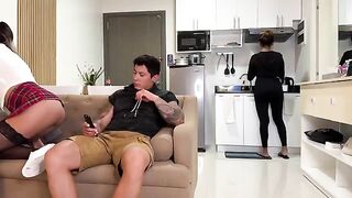 The girl was sweeping in front of her boyfriend, not noticing him