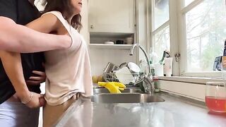 Hot MILF with huge tits gets fucked in the kitchen