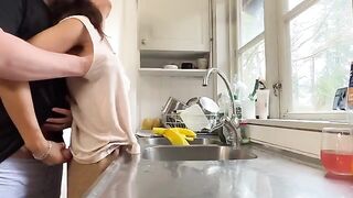 Hot MILF with huge tits gets fucked in the kitchen