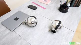 Submissive brunette gets fucked on the table in the office