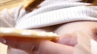 A Japanese woman gets a strong orgasm from playing with her big nipples