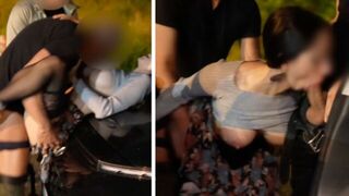 A woman has sex with three men in the car and gets cum on her face