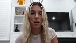 A young girl received a messy facial from an unknown guy in a bunny suit