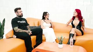 A double blowjob and a hot threesome with a tattooed guy, straight from the Plug Talk Podcast vibes