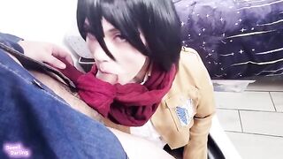 A cosplayer woman, like Mikasa Ackerman, was shoved and fucked hard