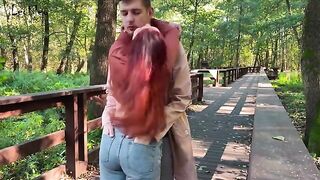 Public anal sex with a plug and blowjob action