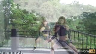 A girl with a wet pussy squirts while masturbating on the balcony, inspired by Jasmine J’s passionate performances