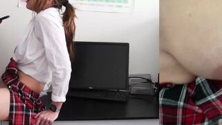 A schoolgirl got caught jerking off and the teacher screwed her hard