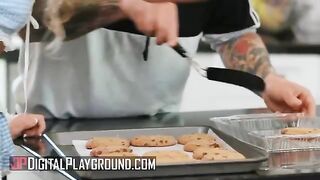 Petite Khloe Kapri bakes cookies in a sexy apron