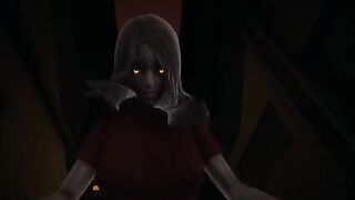 The girl with red eyes scares the guy and fucks him in cowgirl pose