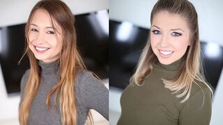Hot blonde and petite brunette show off their bodies and cock sucking skills