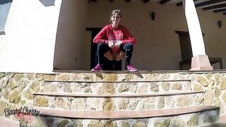A girl with a full bladder pisses outside like a slut